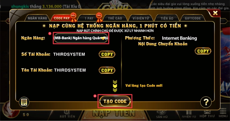 Các bước nạp tiền vào tài khoản Go88 bằng mã thanh toán