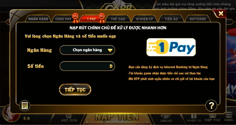 1Pay là phương thức thanh toán nhanh, độc quyền tại Go88