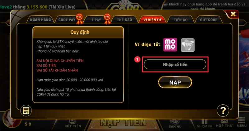 Dùng ví điện tử để nạp tiền chơi game đổi thưởng Go88