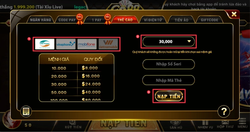 Cổng game Go88 hỗ trợ nạp tiền bằng thẻ cào