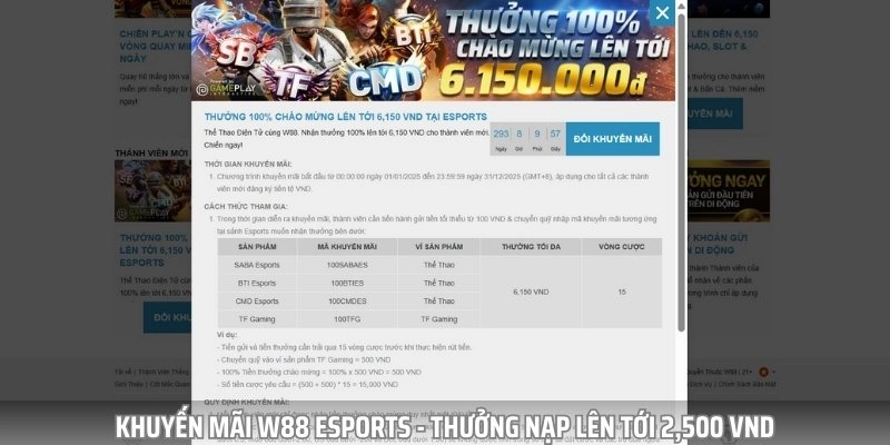 Khuyến mãi Esports - Thưởng nạp lên tới 2,500 VND