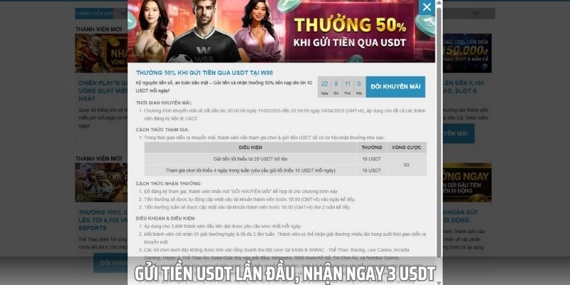Khuyến mãi W88 gửi tiền USDT lần đầu, nhận ngay 3 USDT 