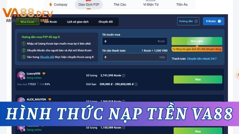 Các hình thức nạp tiền phổ biến tại nhà cái VA88