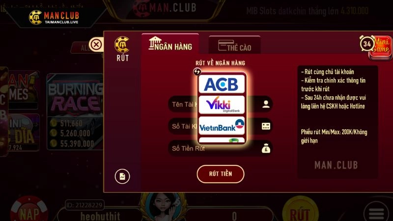 Nhập thông tin để thực hiện rút tiền Manclub