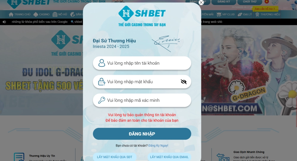 Hướng dẫn đăng nhập Shbet trên website