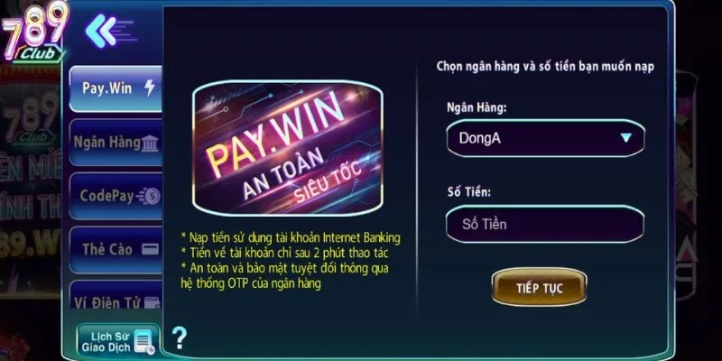  Giao diện nạp tiền nhanh, tiện lợi trên cổng game 789club 