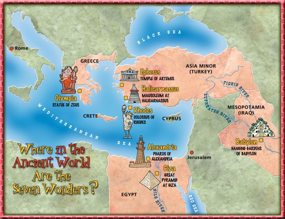 Bản đồ phân bố 7 kỳ quan cổ đại quanh lưu vực Địa Trung Hải hùng vĩ.
