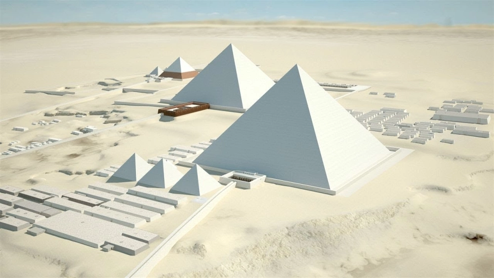 Đại kim tự tháp Giza phục dựng với lớp đá vôi trắng lấp lánh.