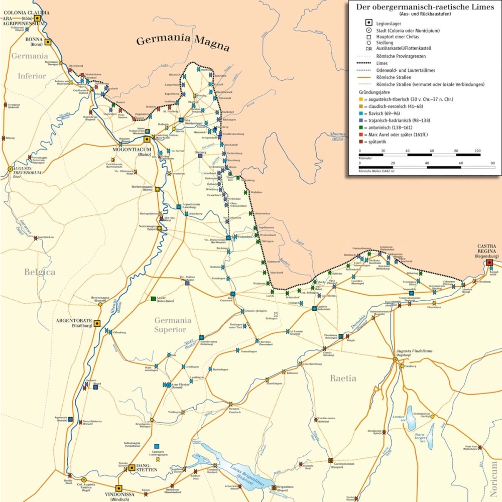 Hệ thống thành lũy Limes Germanicus trên bản đồ biên giới.