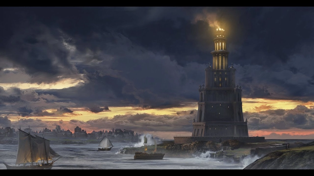 Sự kỳ vĩ của hải đăng Alexandria nhìn từ boong thuyền cổ.