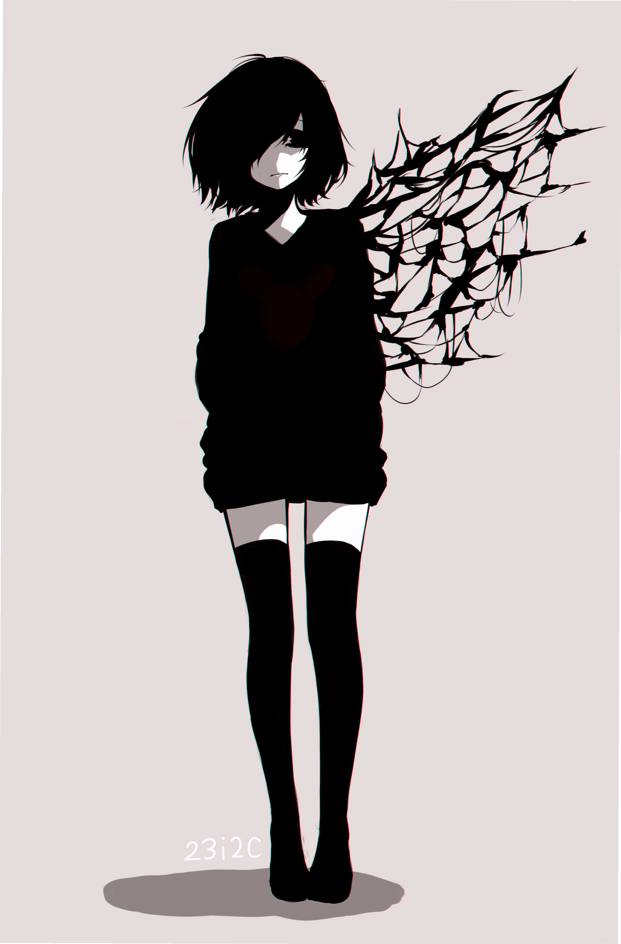 Ảnh anime girl trắng đen buồn sâu lắng thể hiện tâm trạng cô đơn
