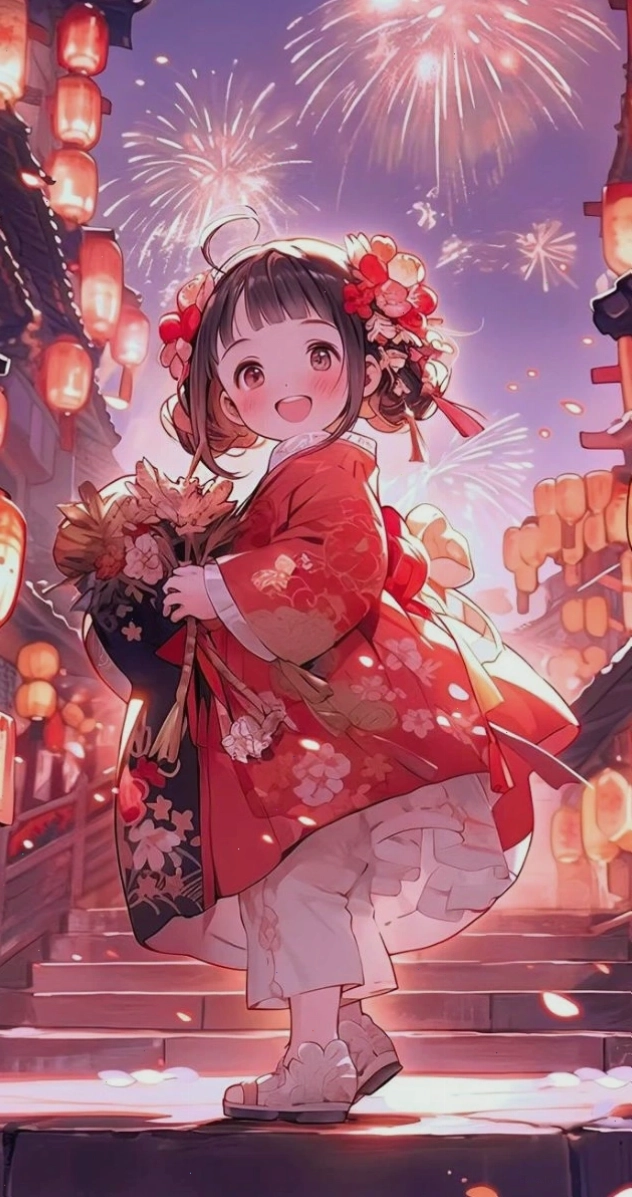 Anime bé gái và đèn lồng mang không khí Tết