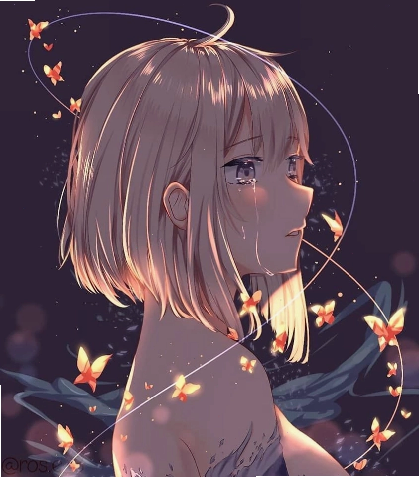 Anime girl ngồi một mình trên bệ cửa sổ, nhìn ra ngoài trời đêm