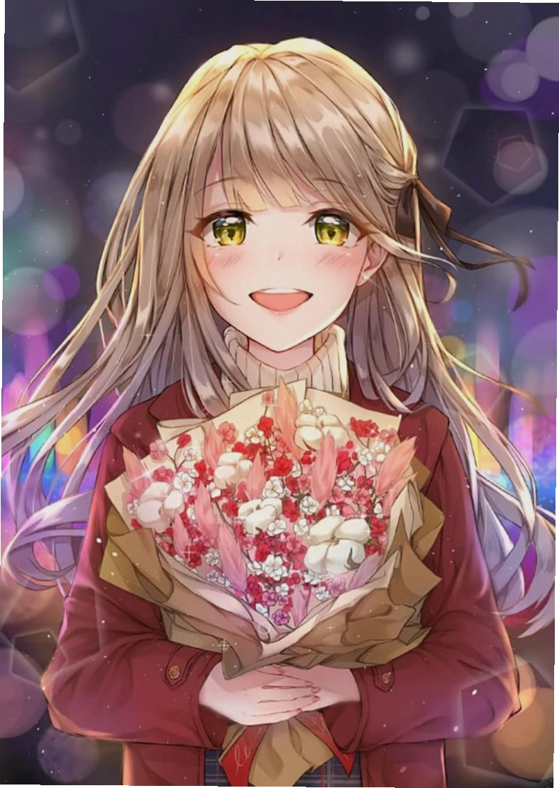 Anime girl xinh xắn, rạng rỡ cầm bó hoa