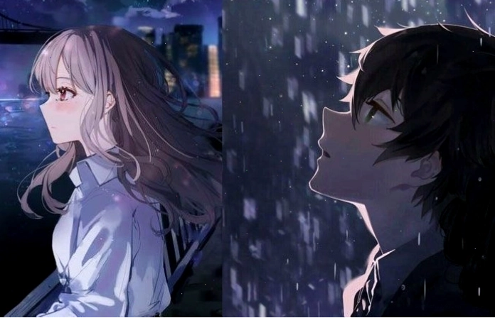 Anime nữ ngồi một mình dưới mưa, thể hiện nỗi buồn sâu sắc