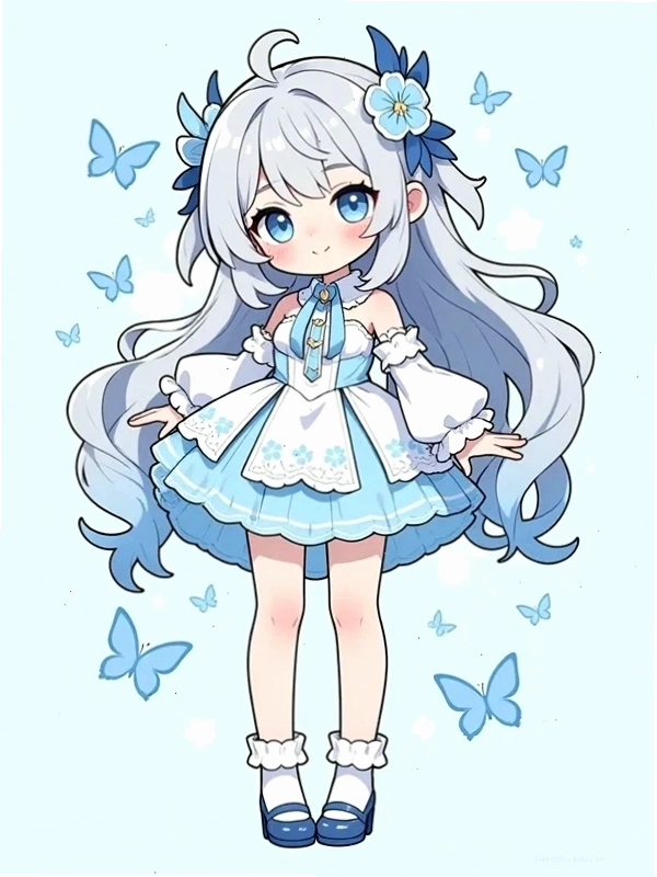Bé gái chibi tóc hai bím dễ thương đang cầm bó hoa nhỏ