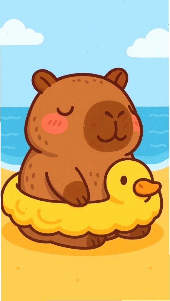Capybara thư giãn tắm biển trên phao vịt, vẻ mặt vô tri