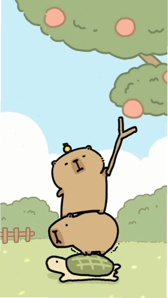 Capybara xếp chồng lên rùa hái quả