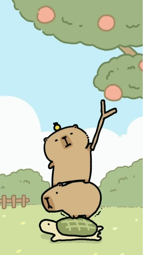 Capybara xếp chồng lên rùa hái quả
