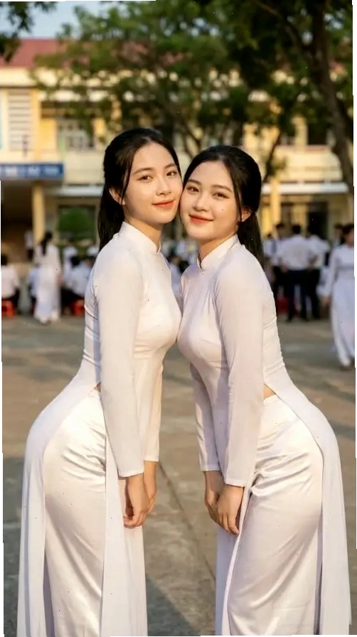 Hai cô gái mặc áo dài trắng đứng cạnh nhau trong sân trường