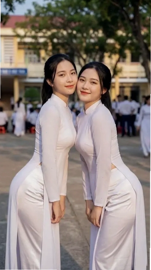 Hai cô gái mặc áo dài trắng trong sân trường, vẻ đẹp trong trẻo