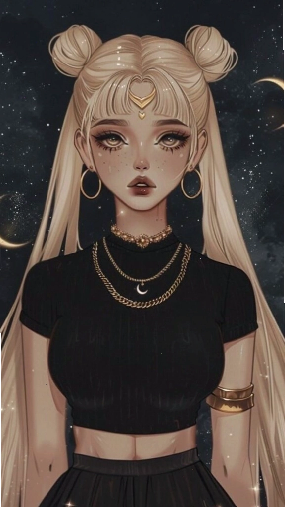 Hình nền cô gái tóc đen với vòng trăng đỏ.