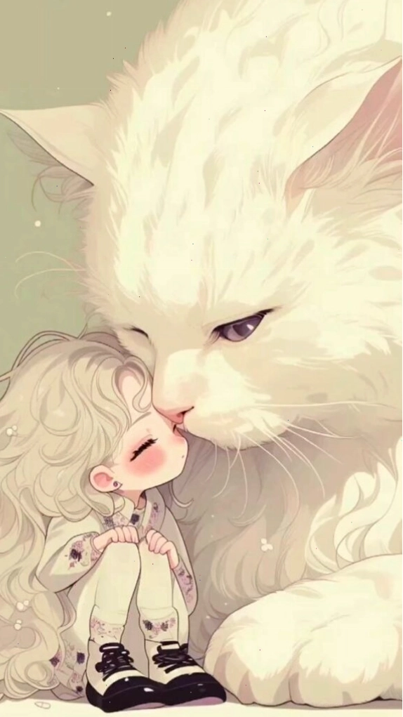 Hình nền mèo trắng bên cô bé