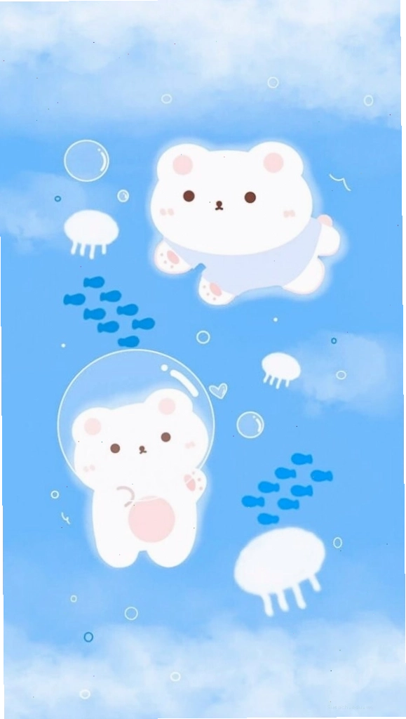 Hình nền xanh dương với gấu trắng và nơ xanh lá cute
