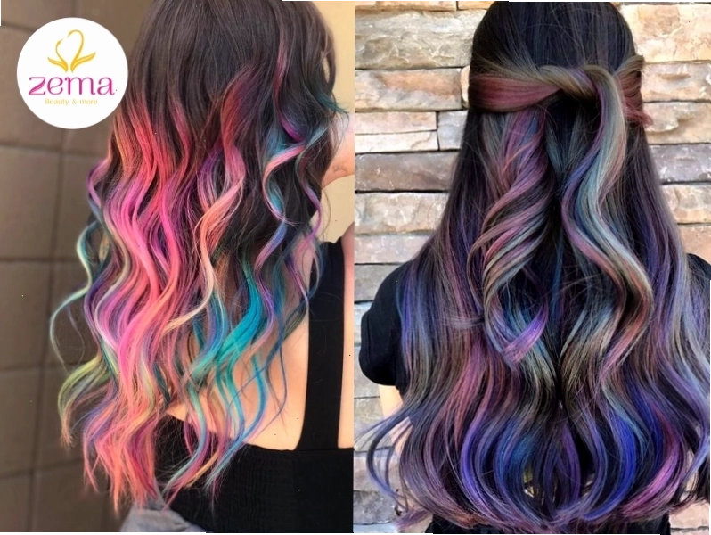 Kiểu tóc Balayage midnight rainbow với hiệu ứng cầu vồng bí ẩn