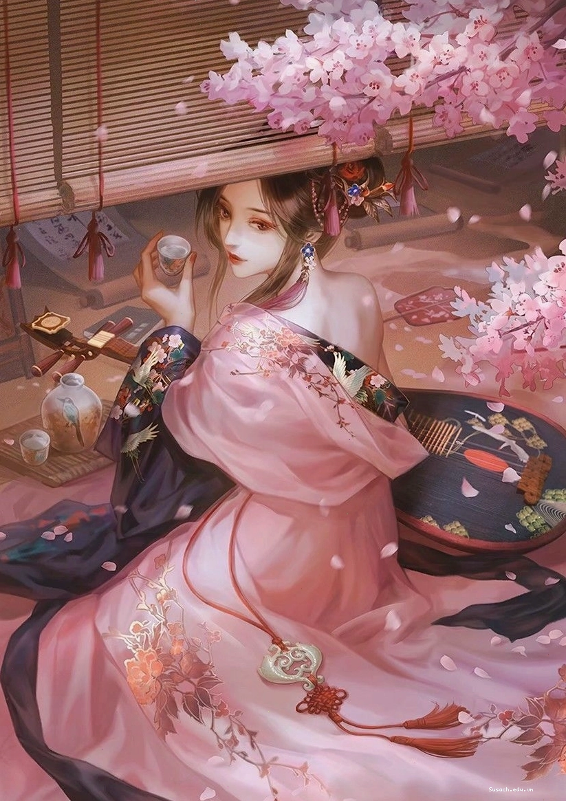 Một cặp đôi anime mặc trang phục cổ trang, thể hiện sự gắn kết.