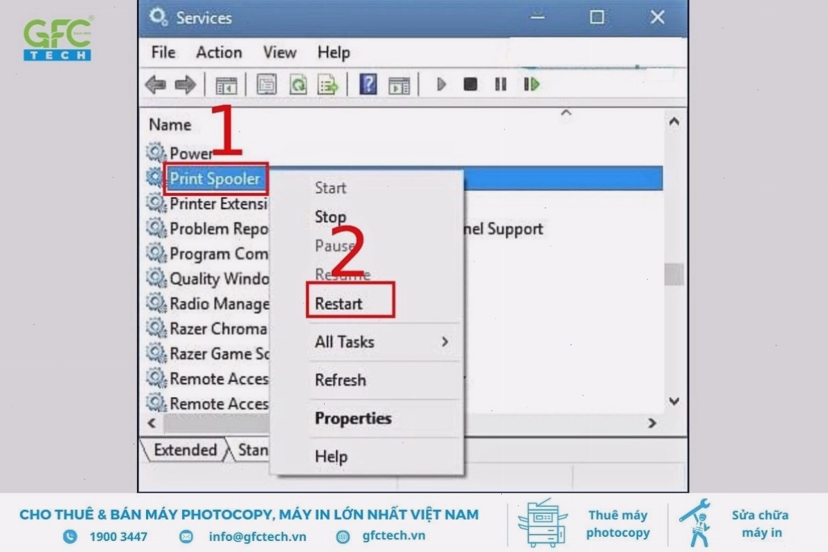 Nhấn chọn Restart để reset Print Spooler